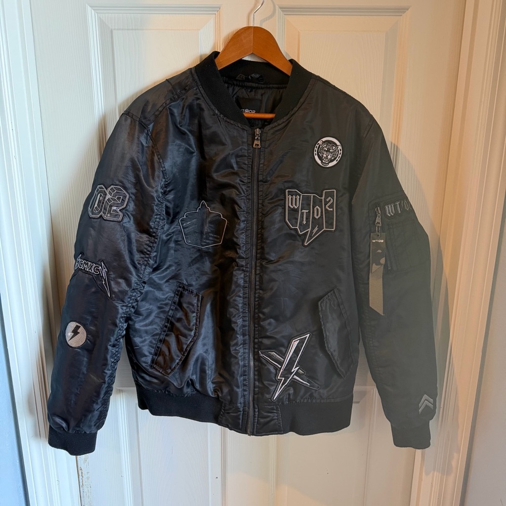 WTO2 BRAND BLACK SATINY PADDED BOMBER JACKET WITH PATCHES